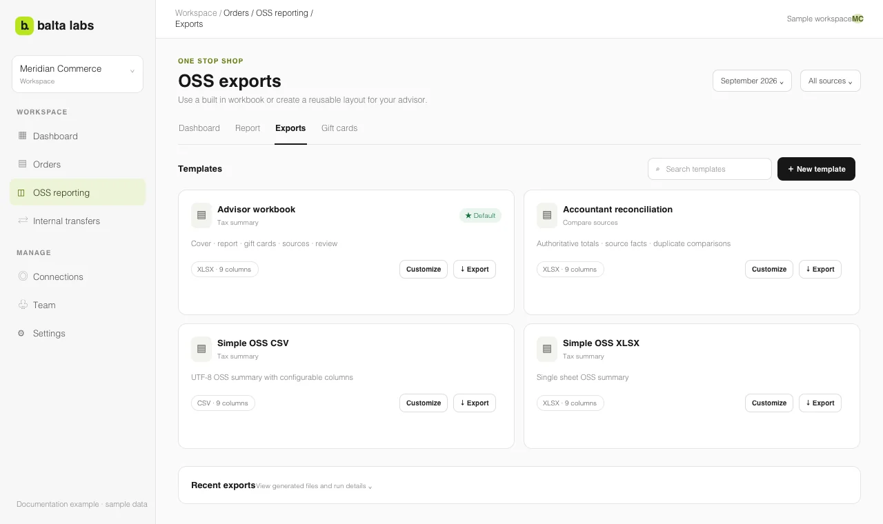 OSS-Exportseite mit vier integrierten Vorlagen und dem Abschnitt für frühere Exporte.